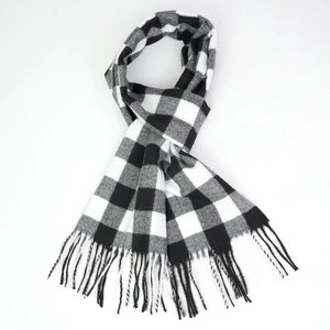 British style black and white checkered faux cashmere scarf with soft tassels for men