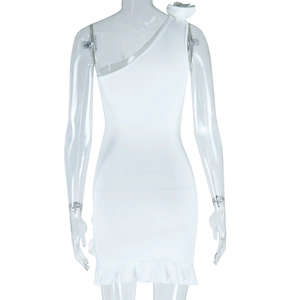 Close-up back view of white one-shoulder bodycon mini dress with ruffle hem detail