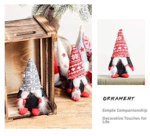 Detailed view of handcrafted Christmas gnomes with knitted hats and faux fur textures