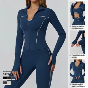 Women's slim-fit zip yoga jacket and leggings set with thumbholes in navy blue