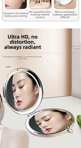 Detail of a portable round folding makeup mirror with metal frame and high-definition dual glass