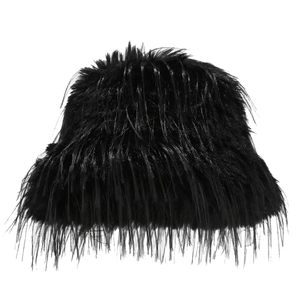 Winter fluffy faux fur bucket hat for women with long hairy texture in classic black color