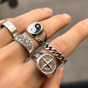 5-piece men's silver rings set featuring tai chi, evil eye, and compass designs