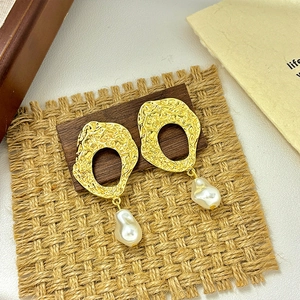 French vintage baroque pearl drop earrings with textured gold hollow oval design