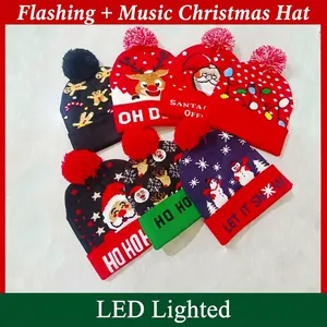 Kinder Winter Weihnachten Strickmütze Und Schal Leuchtende LED Beanie Mit Musik Rentier Schneemann Muster Warme Acryl Festliches Accessoire