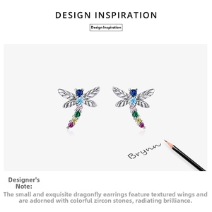 Detailed close-up of S925 silver dragonfly earrings with vibrant multi-color zircons