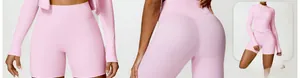 Pink two-piece seamless workout set with zip-up long sleeve top and high-waist yoga shorts