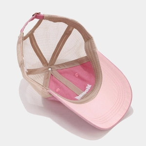 Women's pink and beige mesh trucker hat with Mommy embroidery and adjustable back strap
