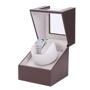 Single watch winder in brown leather with beige velvet interior and clear window display