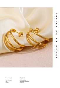 Detailed view of 18K gold plated stainless steel C-shape earrings with layered rings
