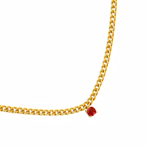 Close-up of 18k gold plated Cuban chain featuring a brilliant round red gemstone pendant