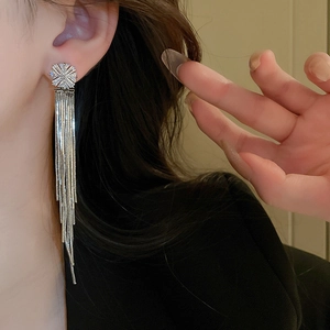 Elegant long silver tassel earrings with zircon stars shown on a model side profile