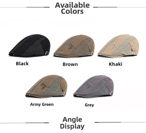 Detail view of cotton flat caps with letter A embroidery and adjustable metal buckles