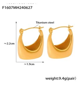 Detail showing 18K gold plated titanium steel hoop earrings with 22mm x 19mm dimensions