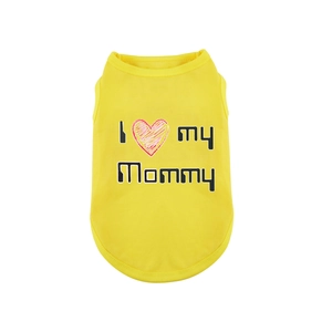 Detail of yellow cotton pet vest featuring 'I love my Mommy' heart print and fabric texture