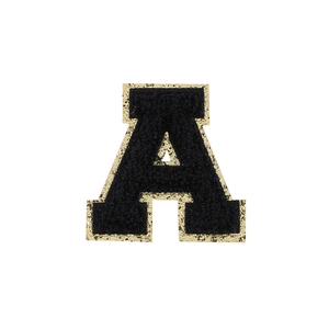 Toppa con lettera A in ciniglia nera e oro con bordo ricamato in glitter dorati