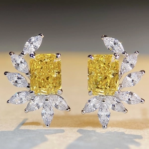 Eleganti orecchini a lobo in argento S925 con diamante giallo e cristalli taglio fiore