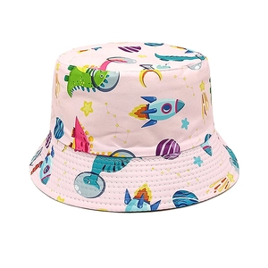 Close-up of pink cotton sun hat with dinosaur space prints and reinforced stitching