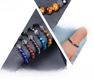 Detailed view of natural tiger eye and obsidian beaded bracelets for men with faceted stones