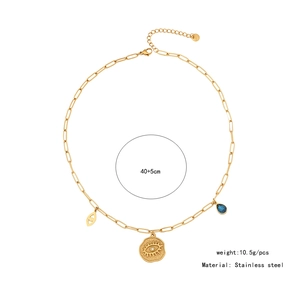Detail of evil eye necklace with golden paperclip chain, 40+5cm length, stainless steel