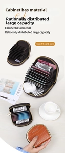 Detail view of accordion style PU leather card wallet with 11 slots on wooden desk