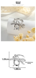 Silver bow ear cuff setting with 6mm zircon mounting and detailed size measurements