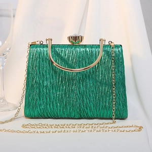 Green metallic pleated evening clutch with gold handle and sparkling rhinestone clasp