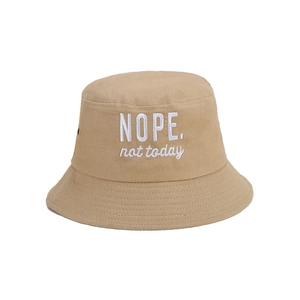 Khaki cotton bucket hat with white 'NOPE. not today' embroidery and wide brim