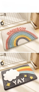 Detail of plush rainbow and star bath mats showing soft texture and non-slip backing