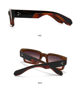 Detail view of tortoiseshell square sunglasses featuring metallic rivets and side profile