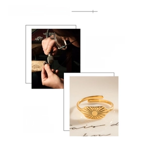 Detail of 18k gold plated square ring featuring a sunburst engraved texture