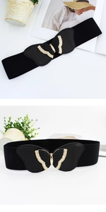 Detail of black elastic corset belt featuring a gold butterfly buckle and faux leather finish
