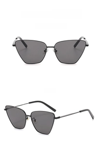 Detailed views of black cat-eye sunglasses showing positive and 45-degree angle profile