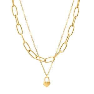 Double-layer gold heart lock necklace with paperclip chain in polished titanium steel