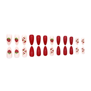 24pcs almond press-on nails with sweet hand-painted strawberry and cherry patterns