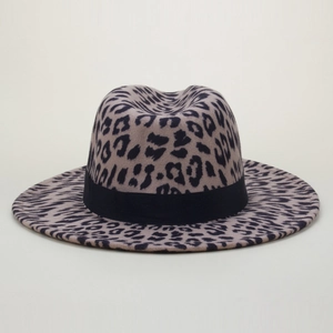 Detail of wool fedora showing leopard print texture and black grosgrain ribbon band
