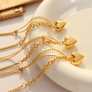 Double-layered 18K gold-plated necklace with a 3D heart pendant for women's summer fashion