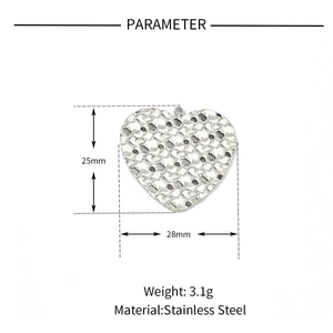 Detailed view of textured heart pendant with stainless steel dimensions and weight info