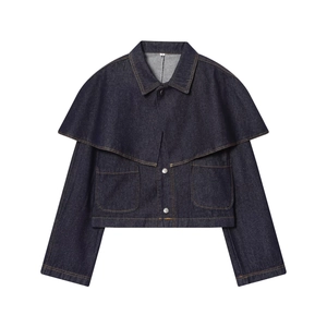 Denim Jacket Women Cape Cloak Design Long Sleeve Button Down Front Pockets Casual Fashion Vintage Blue Outerwear Top