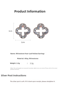 Macro shot of rose gold clover stud earrings with rhinestones and silver pins