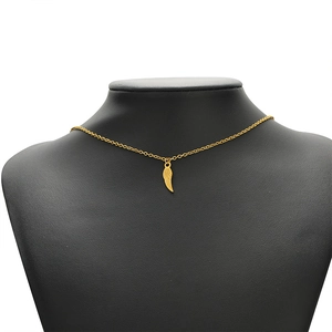 Elegant gold stainless steel necklace with a feather pendant on a black bust display