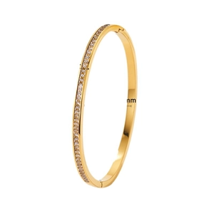 Gold stainless steel oval bangle with small diamonds shown from a 45-degree angle view