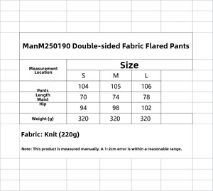 Guide des tailles pour pantalon flare avec mesures de longueur, taille et hanches