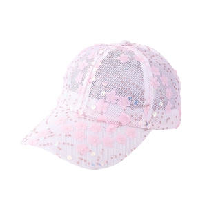 Pink mesh baseball cap featuring 3D floral appliques and shimmering sequins for women