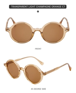 Front and side view of vintage round champagne orange sunglasses with acetate frames
