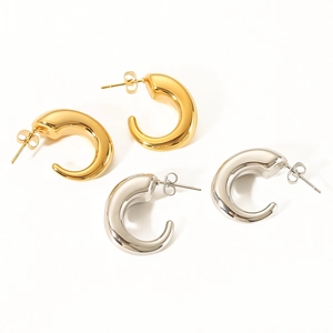 Minimalist C-shaped geometric hollow hoop earrings in polished gold and silver steel