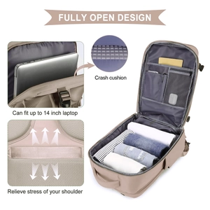 Beige travel backpack with fully open design, 14 inch laptop sleeve and padded straps