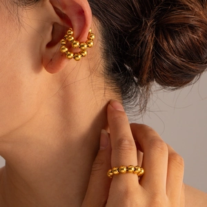 Round Bead Ear Cuff 18K Gold Plated Stainless Steel Graduated Ball Non-Pierced C-Shape Minimalist Jewelry For Women