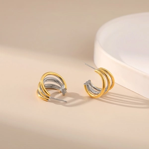 Three-layer C-shaped mixed gold and silver hoop earrings with 18K gold plated finish