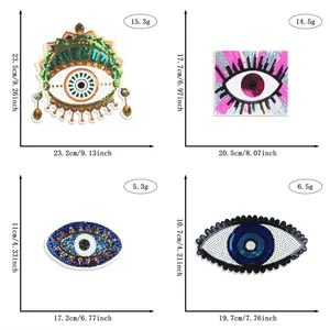 Size chart showing large sequin eye heart embroidered patches with dimensions in cm and inches